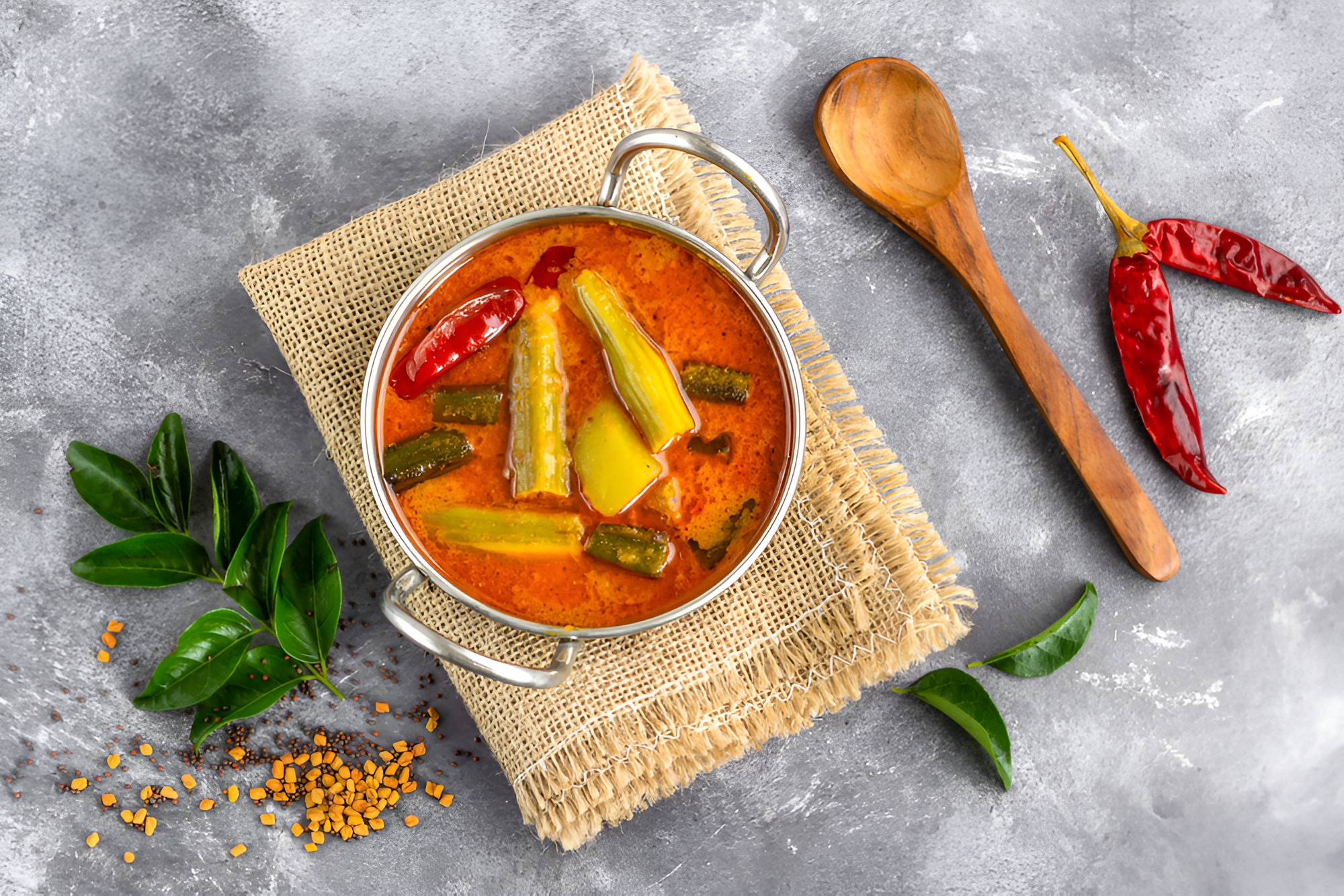 South Indian Sambar showcasing a hearty lentil-based preparation with vegetables and balanced spice flavors