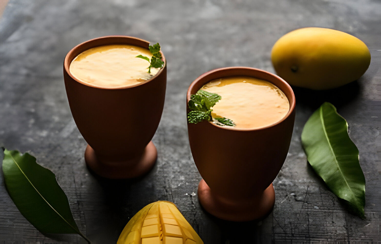 Mango Lassi served in a chilled glass, featuring blended mango and yogurt with a smooth, creamy texture
