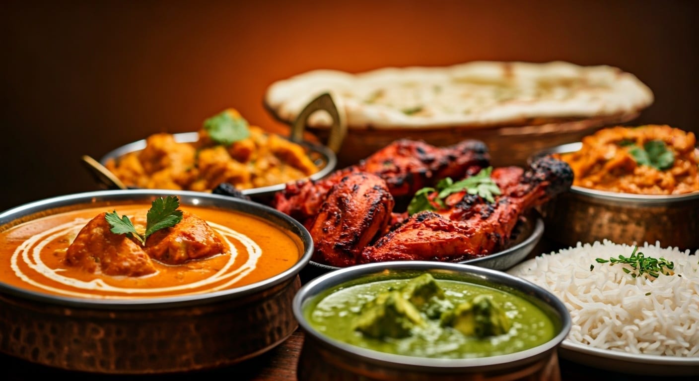 North Indian Cuisine featuring curries, naan, rice dishes, and carefully prepared specialties served in a traditional spread
